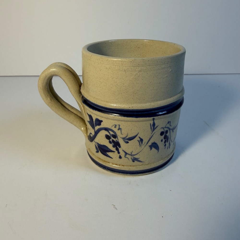 Vintage Studio Pottery Stoneware Mug Cobalt Blue Floral Cottagecore Tankard